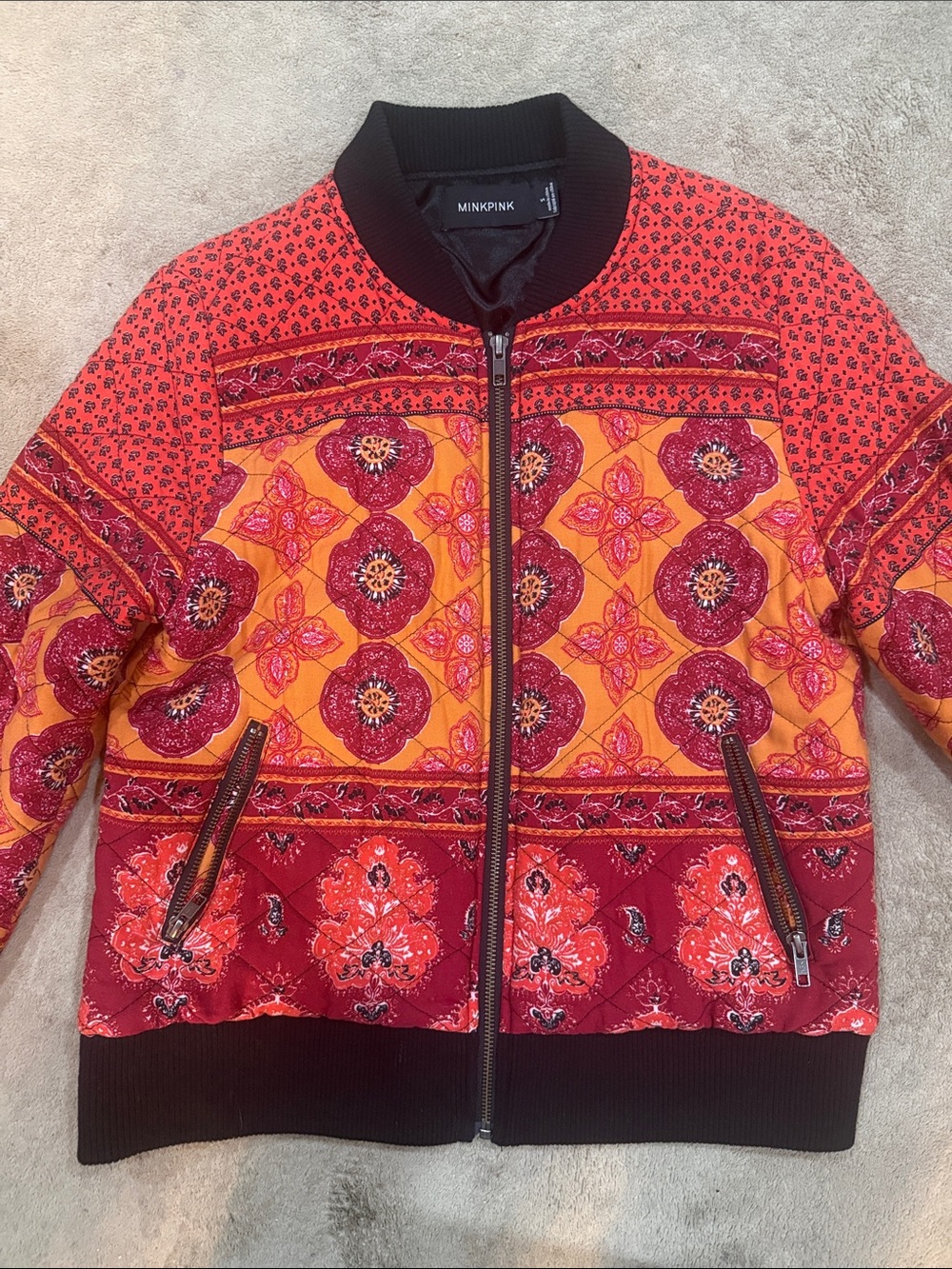 MINKPINK Red & Orange Printed Quilted Bomber Jacket